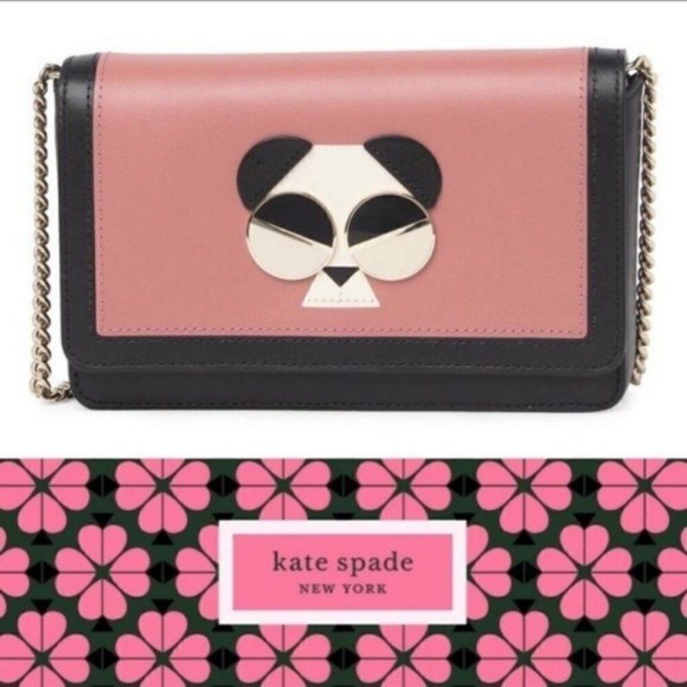 Kate Spade Gentle Panda Crossbody Leather Wallet Bag, Pink/Black, NWT‎